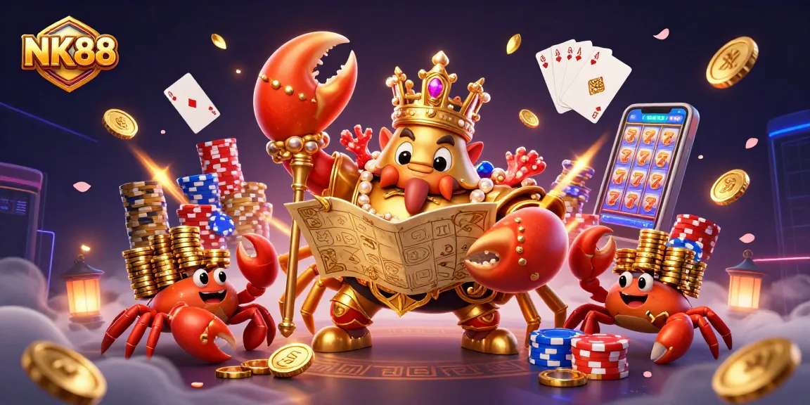 Experience thrilling gameplay with NK88's vibrant casino scene featuring a golden crab emperor.