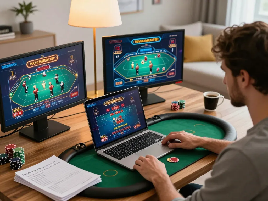 Engaging online poker gameplay using KP88 in a cozy home setting with strategic notes and coffee nearby