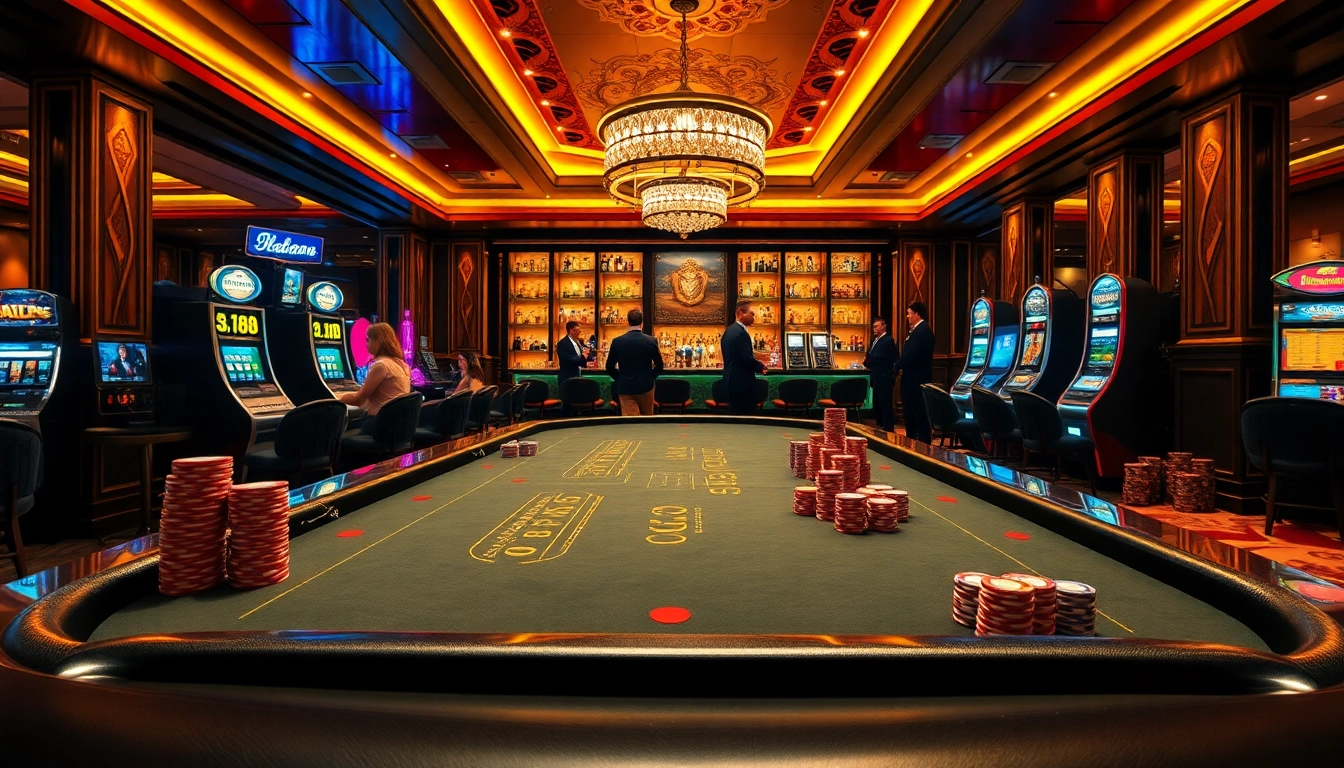 Players enjoying high-stakes action at dh88-themed casino tables filled with poker chips and vibrant lights.
