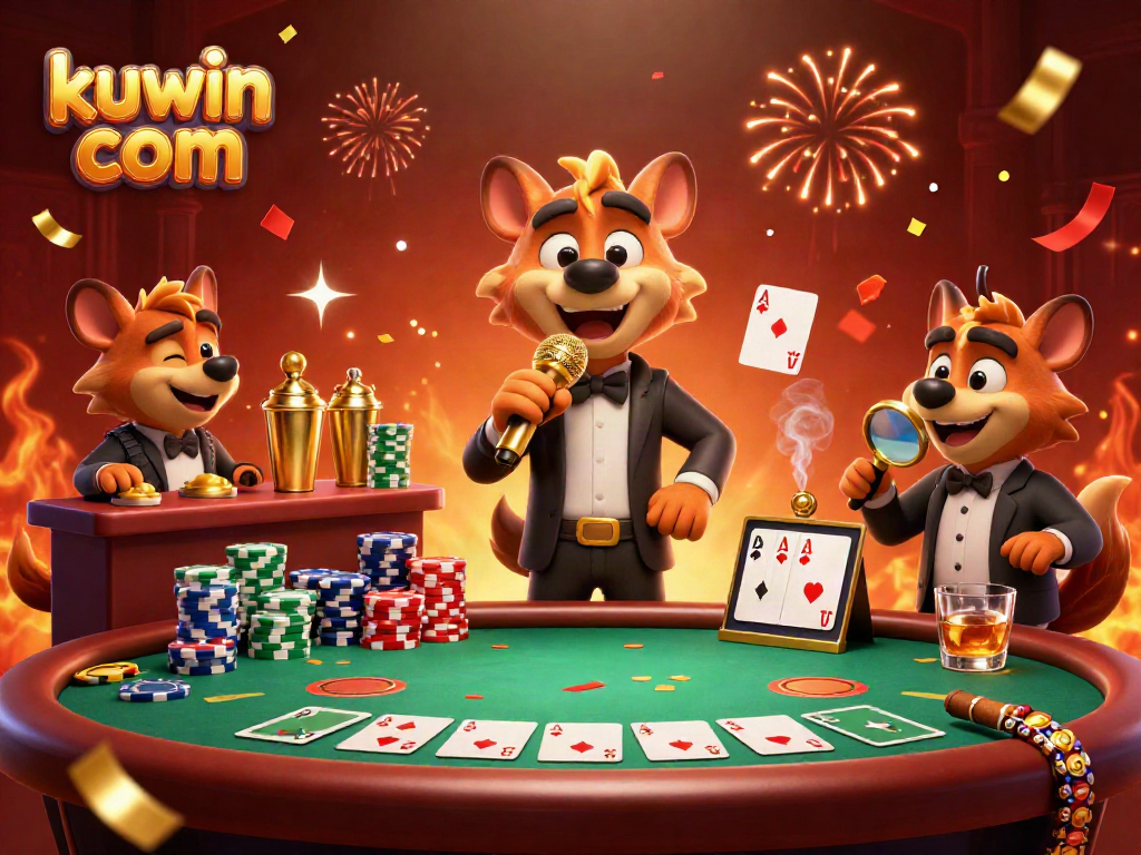 Engage in thrilling entertainment with kuwin com at a vibrant casino scene featuring cartoon hyenas.