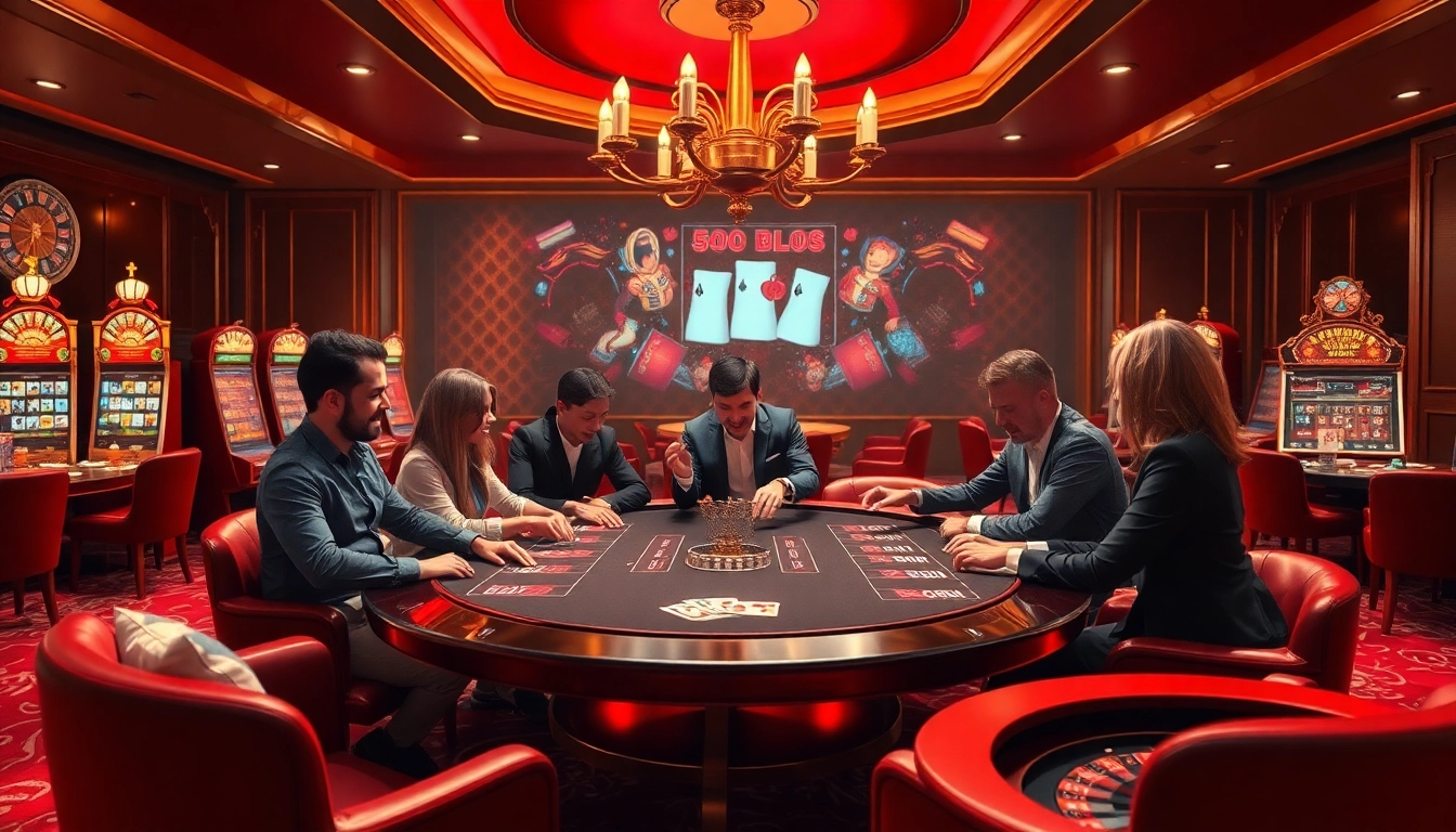 A high-stakes casino scene featuring players at a gaming table with elements of luxury and excitement from https://rr88.bar/.