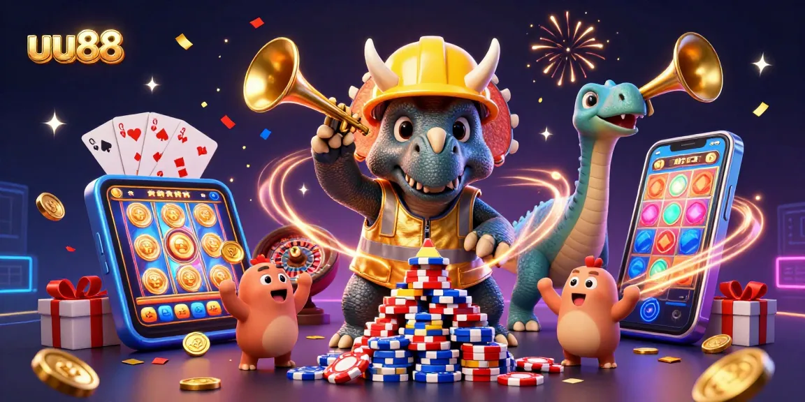 Join the excitement at uu88 with a lively scene celebrating casino gaming, showcasing vibrant characters and festive elements.