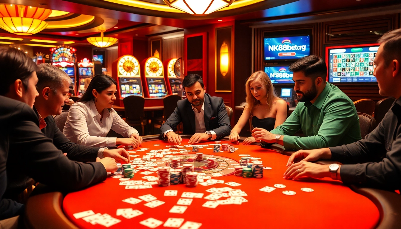A lively poker game at nk88bet.org featuring professional players, vibrant casino atmosphere, and exciting betting action.