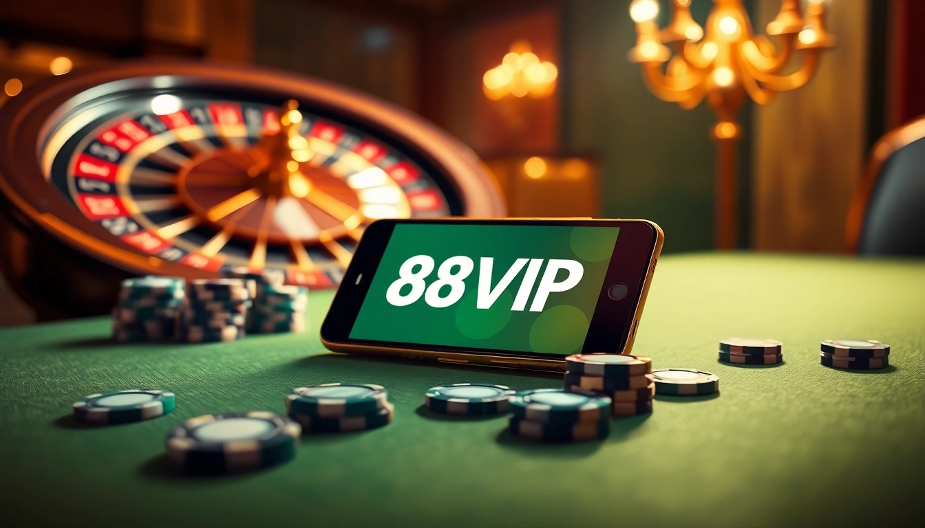Tải App Nhà Cái 68VIP with poker chips and mobile device on a luxury casino table.