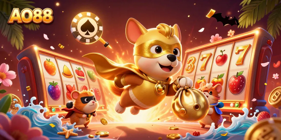 Play poker and win at AO88 with a cartoon superhero dog and hamster in an action-packed scene.