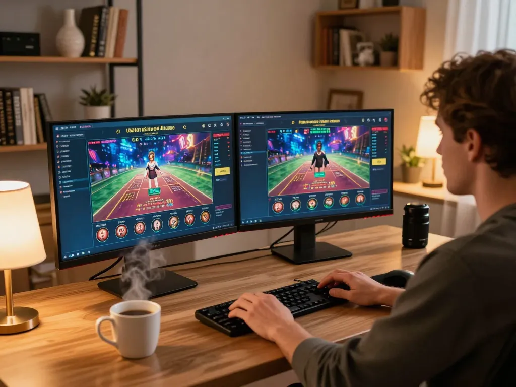 Strategic gameplay at home featuring fly88 prof on dual monitors, engaging live casino action.
