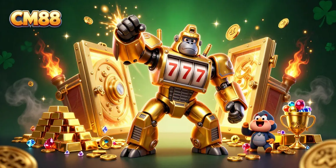 Experience the thrilling world of CM88 with a dynamic gorilla mech and treasures bursting in a vibrant casino scene.