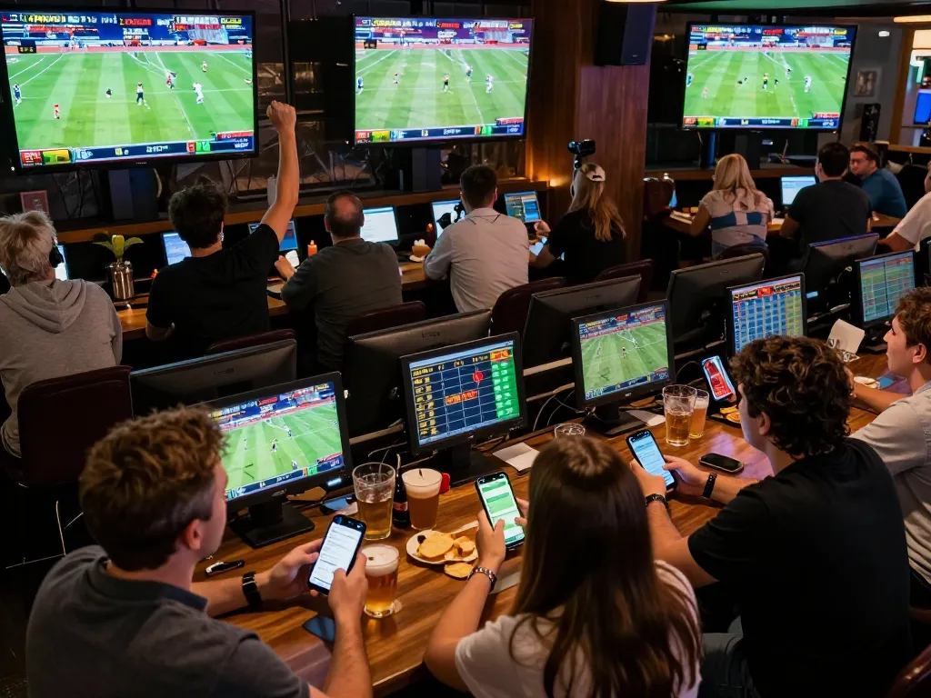 SBOBET users excitedly placing bets during live sports events in a vibrant sports bar atmosphere