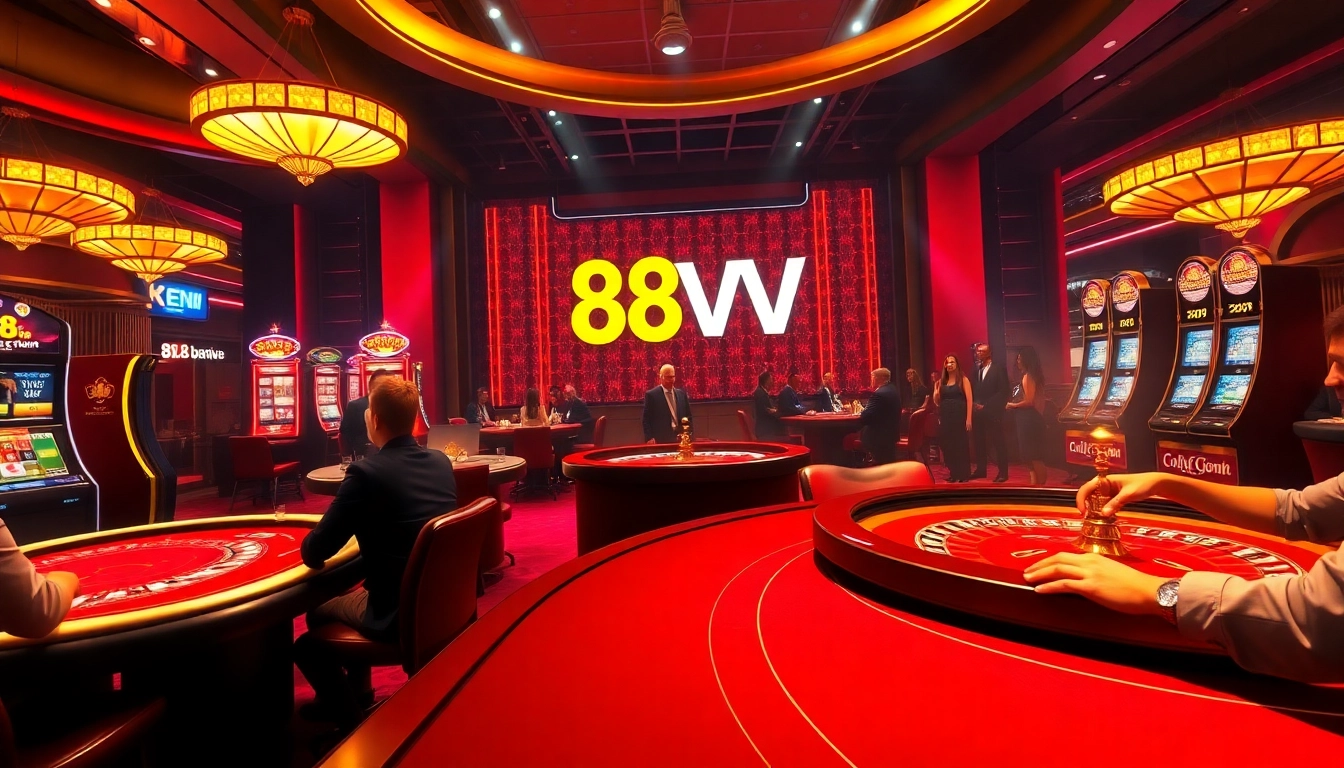 Thrilling casino atmosphere with online gambling interface showcasing 88vv com, poker tables, and slot machines.