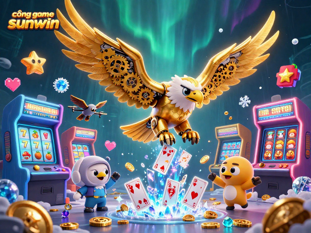 Engage with the vibrant cổng game sunwin featuring cybernetic eagle and holographic casino elements.