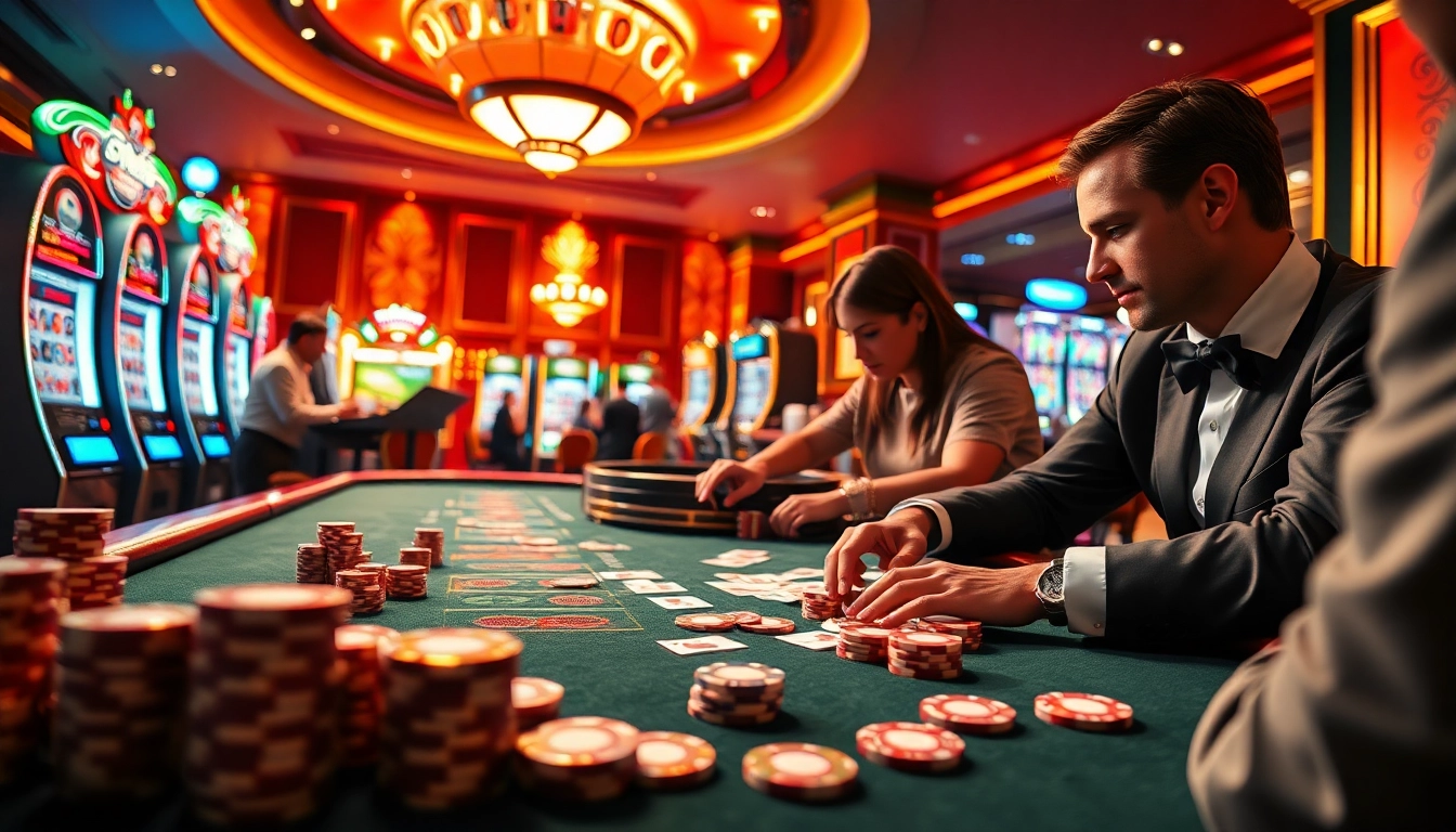 SODO casino scene with exciting poker action, vibrant lights, and players engaging in bets.