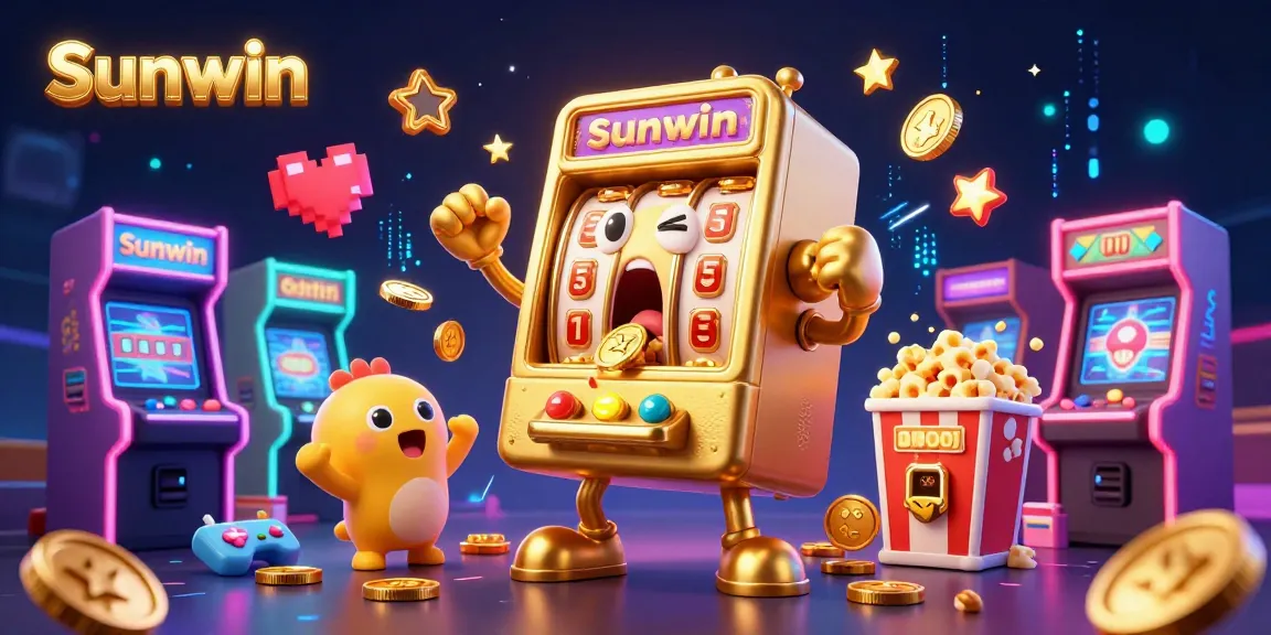 Win big at Sunwin with the golden slot machine celebrating its jackpot, surrounded by cheering baby machines.