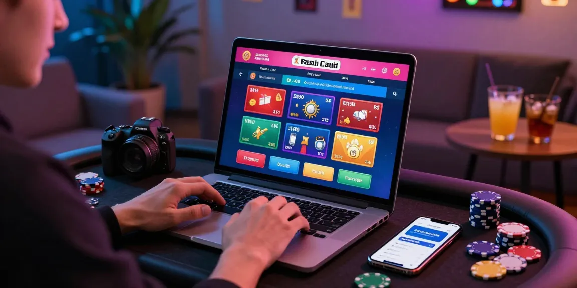 Player enjoying credit card casinos with vibrant interface and bonus displays on laptop table.