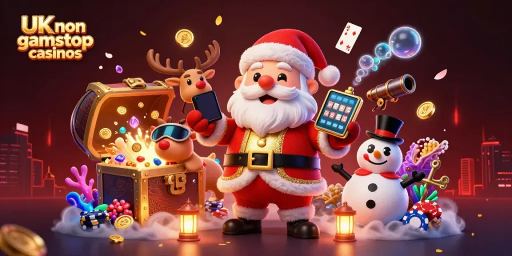 Experience the magic of UK non gamstop casinos with Santa and friends celebrating jackpot slots.