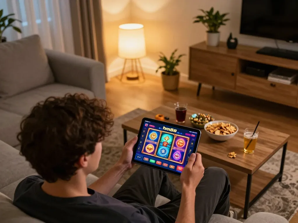 A player engaging with the hm88 casino app on a tablet in a cozy living room setting.