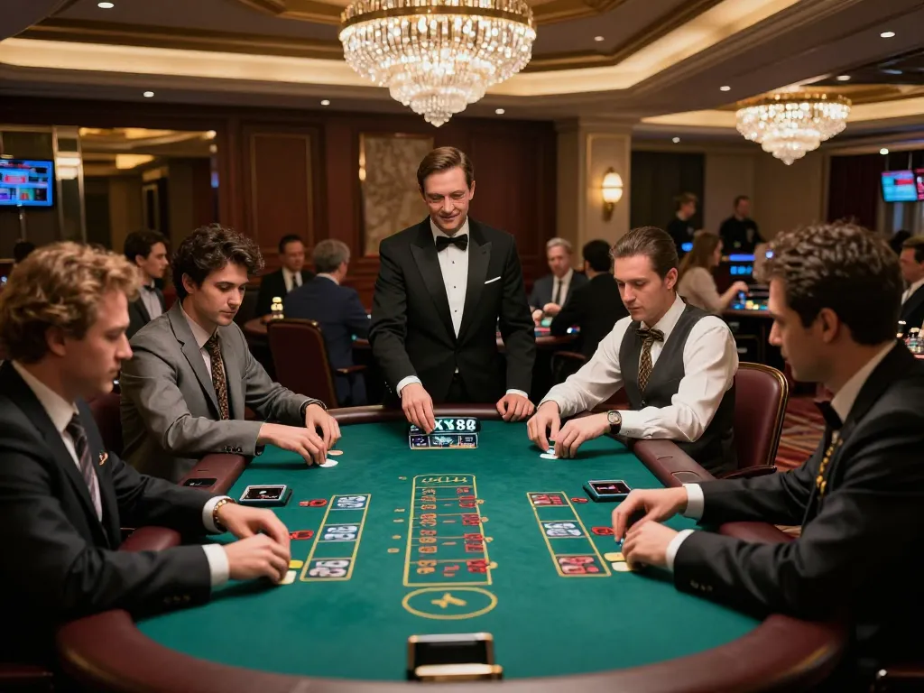 Players engaging in a strategic game of blackjack at XX88 casino, showing excitement and interaction.