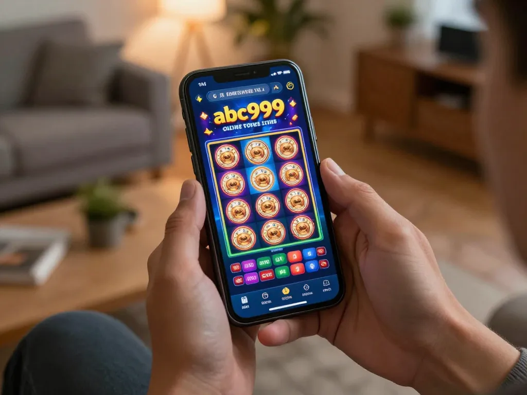 Engaging mobile gaming with abc999 app highlighting vibrant slots interface, illustrating home entertainment.