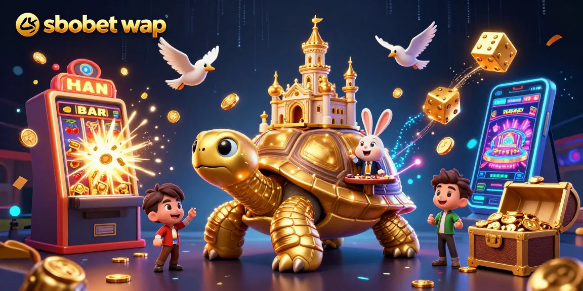 Bet on sbobet wap with a lively scene featuring a tortoise casino and a rabbit dealer surrounded by golden coins.