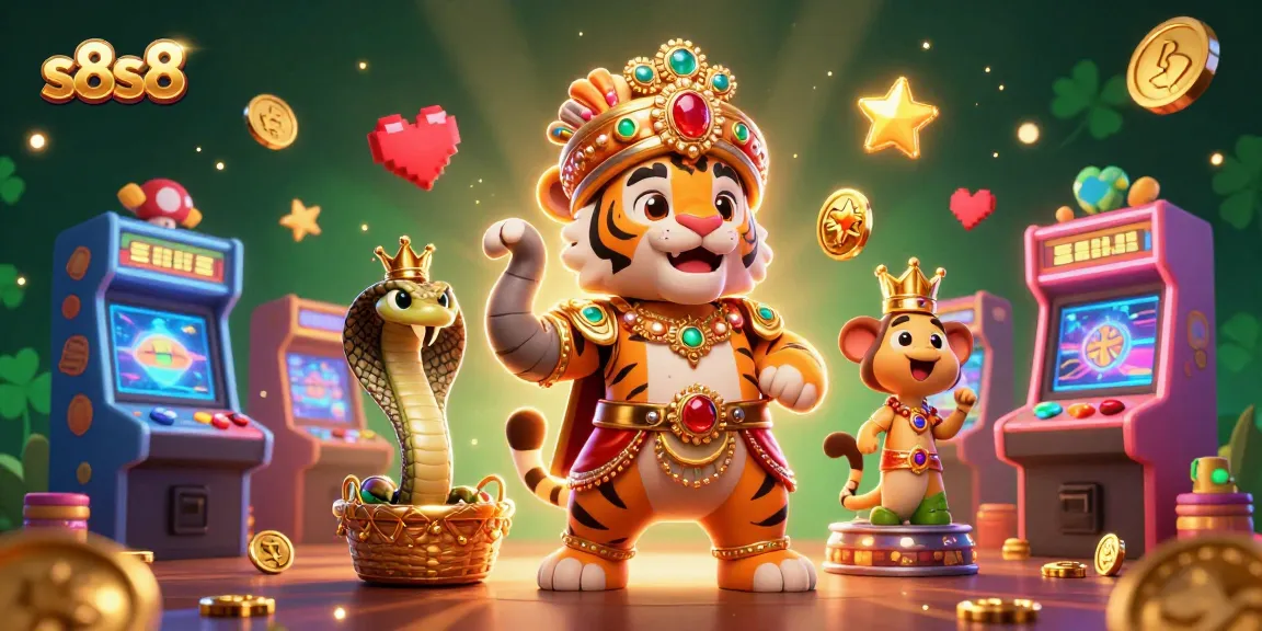 Bet on big wins with s8s8 at this vibrant 3D casino scene featuring a majestic tiger and colorful game elements.