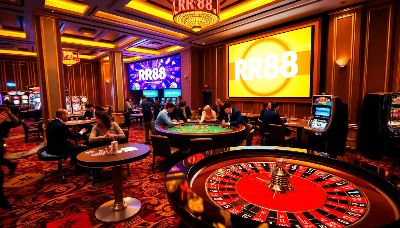 RR88 casino scene showcasing players engaged at a roulette table with vibrant chips and cards.