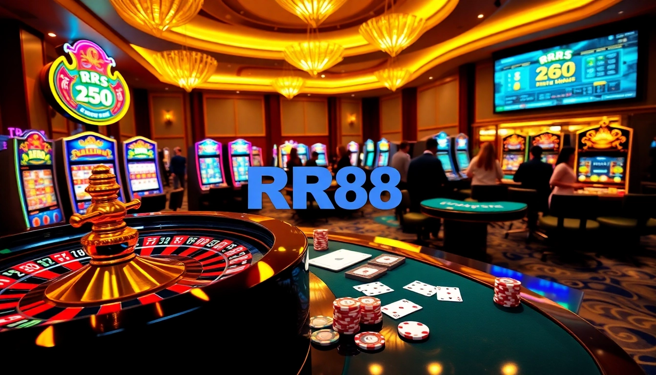 Experience the thrill of the RR88 game with vibrant casino tables, roulette, and players betting.