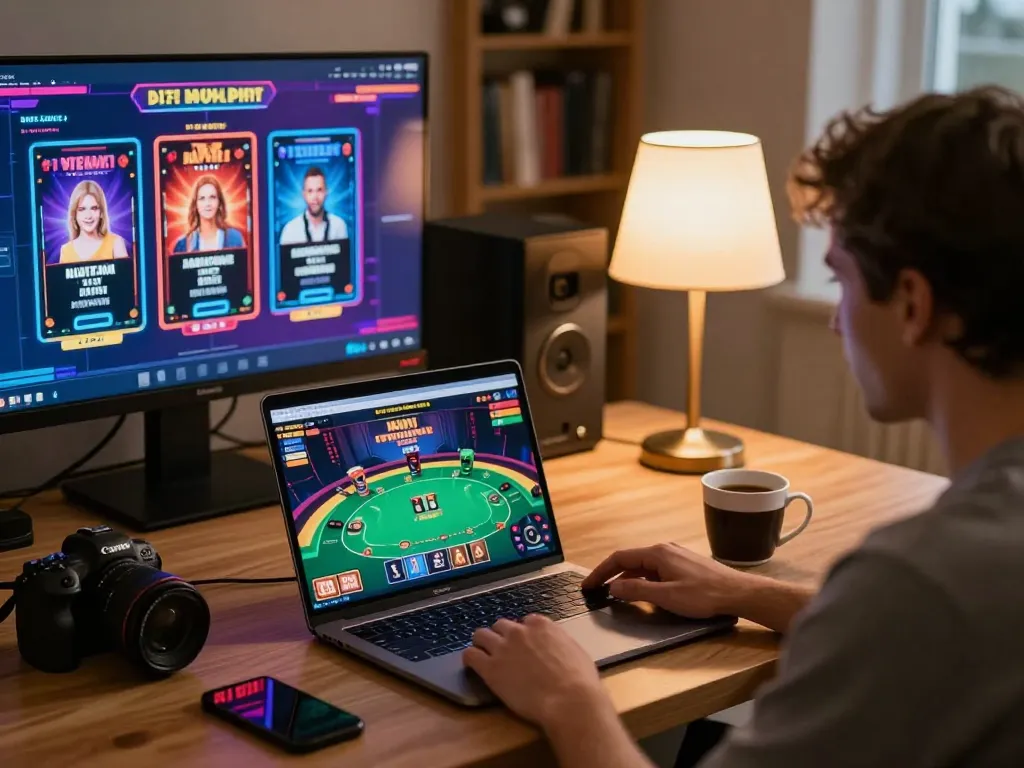 Engaging poker game setup at home showcasing atq com on laptop with warm lighting and personal touches