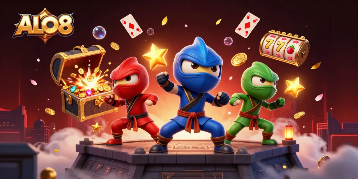 Experience thrilling gameplay at ALO8 with chameleon ninjas amidst coins and casino elements.