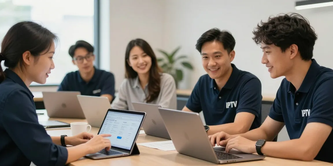Premium IPTV Service provider team in office, trusted local streaming solutions, professional atmosphere.