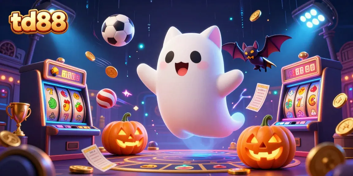 Experience thrilling gaming action with td88's vibrant haunted casino scene featuring fun characters!