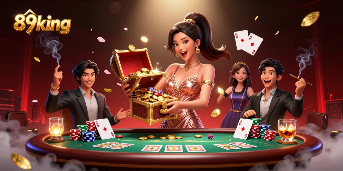 Experience the thrill of 89king as a joyful woman reveals a treasure trove of gold and gems in this vibrant casino scene.