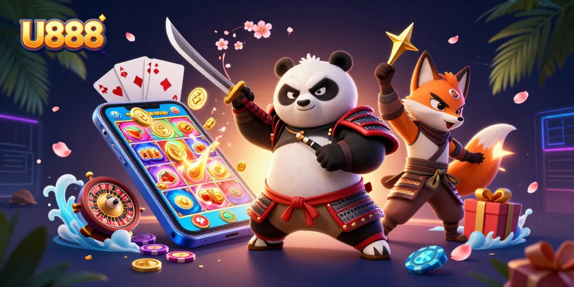 Join U888 in an adventurous gaming quest with vibrant characters and casino icons.