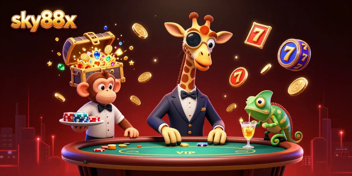 Win big with sky88x as a giraffe high-roller and friends play among casino treasures.