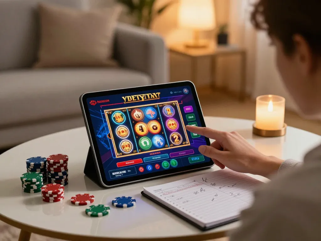 Engaging online gaming with lc88 app on tablet amidst strategic betting notes and colorful chips