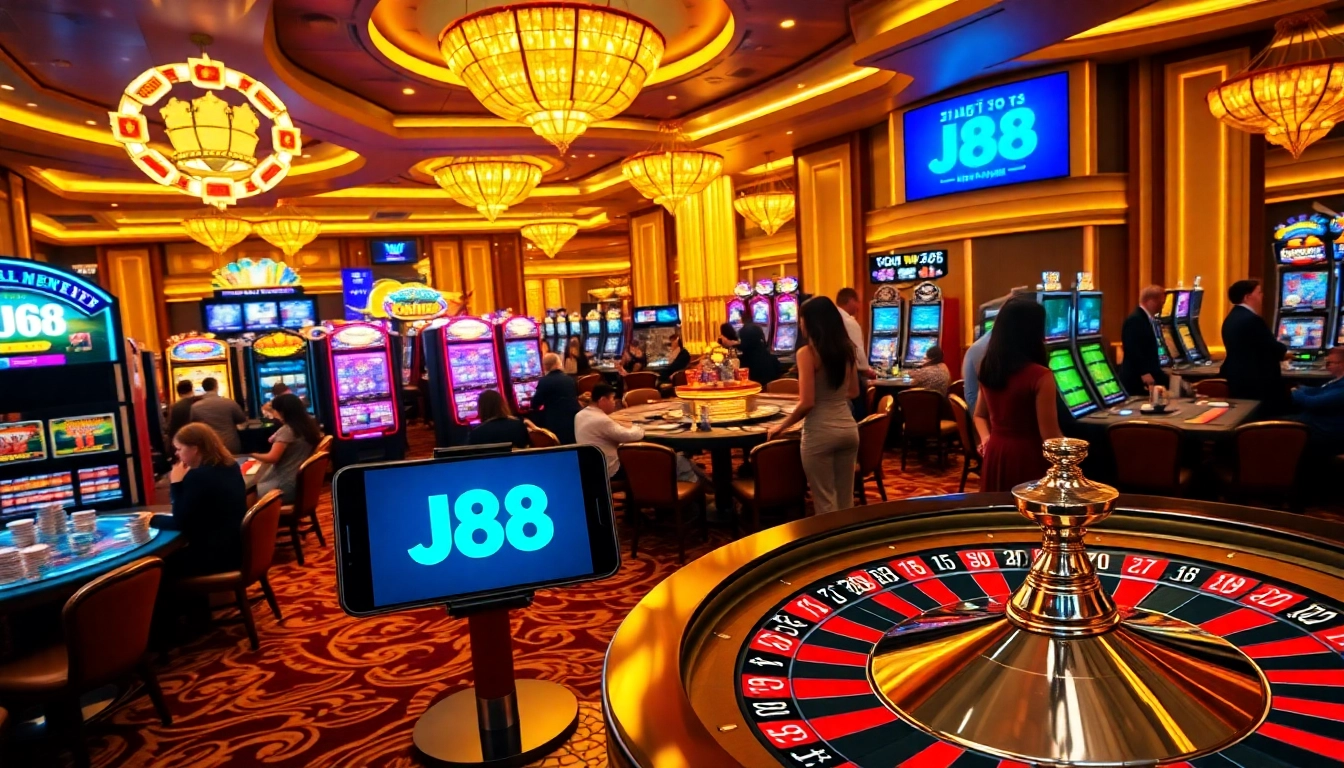 Experience J88 excitement with players engaging in classic casino games and vibrant slot machines.