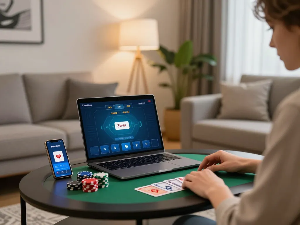 A user engaged in an online poker game with 3Win on their laptop and smartphone in a cozy living room