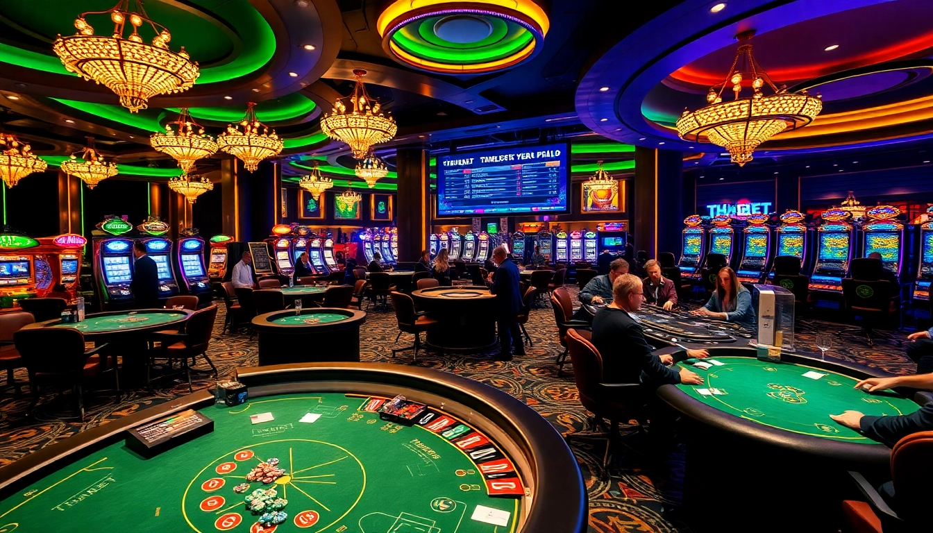 Thriving Thabet casino scene with players engaging in poker, showcasing vibrant excitement and luxury.