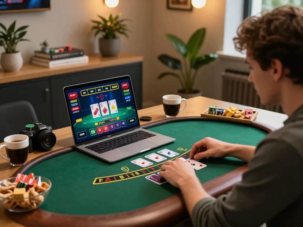 Kaya88 player engaging with live dealer blackjack at an online gaming setup, emphasizing strategic play.
