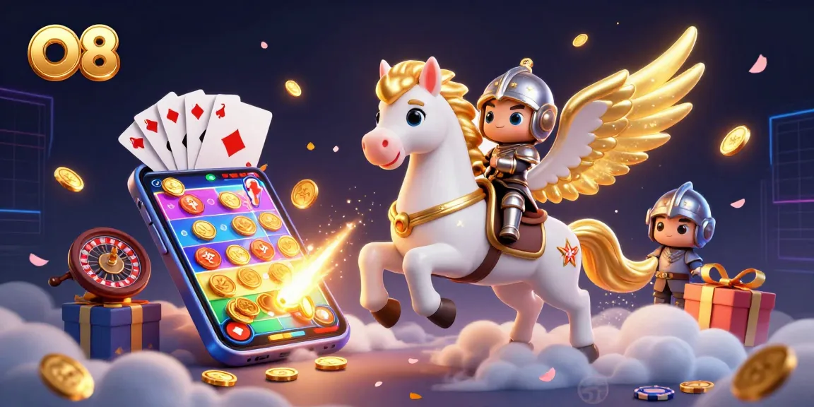 Experience O8 gaming excitement with a 3D illustration of a celestial horse and knight in a vibrant casino scene.