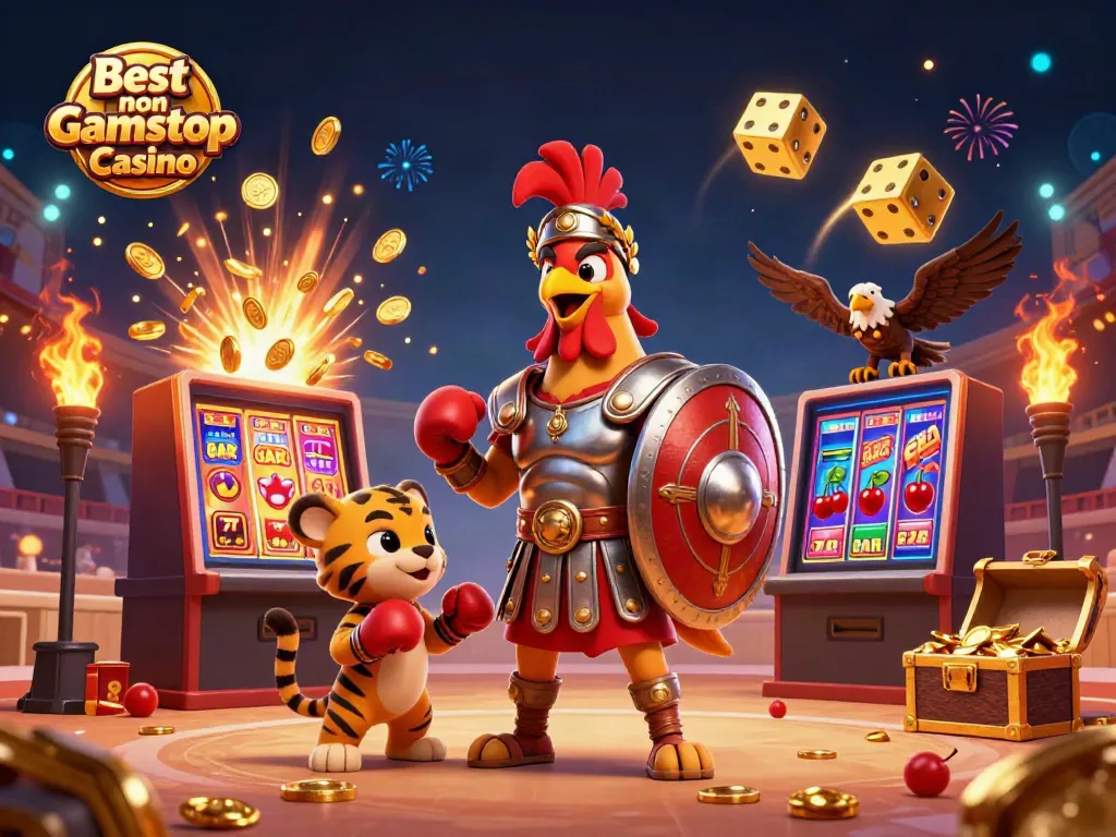 Experience excitement at the Best non Gamstop Casino with a dynamic 3D illustration of a gladiator rooster and casino elements.