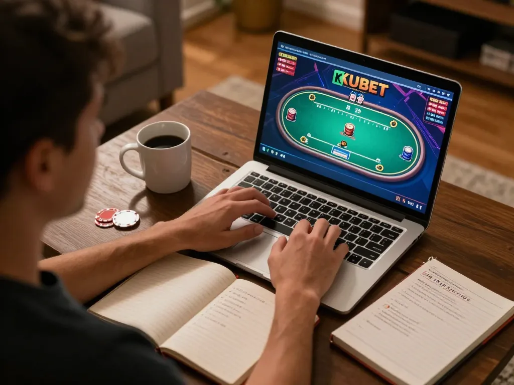 KUBET player enjoying an online poker game session with vibrant graphics in a cozy home setting