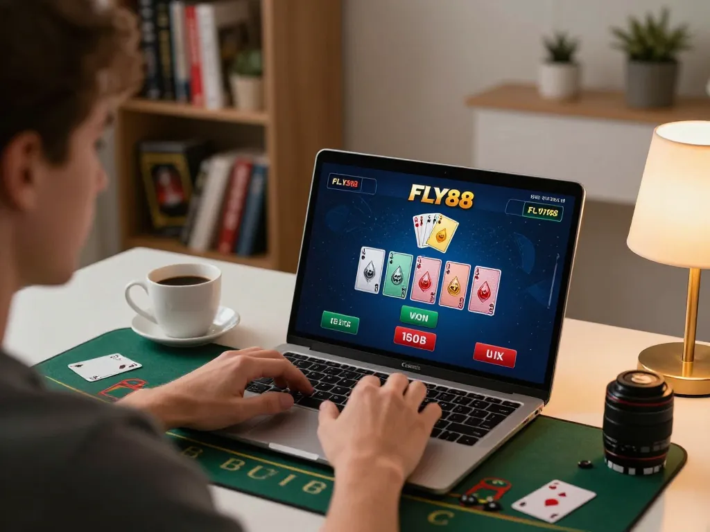 Engaging gameplay at FLY88 with a player enjoying live dealer blackjack on a laptop at home.