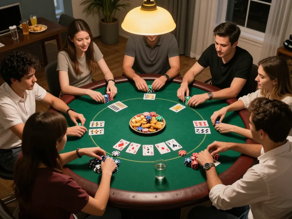 Friends enjoying a competitive poker night at home, showcasing hb88 strategies and social gambling.