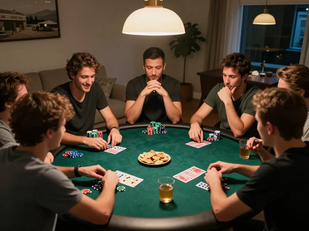 Players engaging in strategic poker gameplay at home during social night while using soibetzz for online gaming resources.