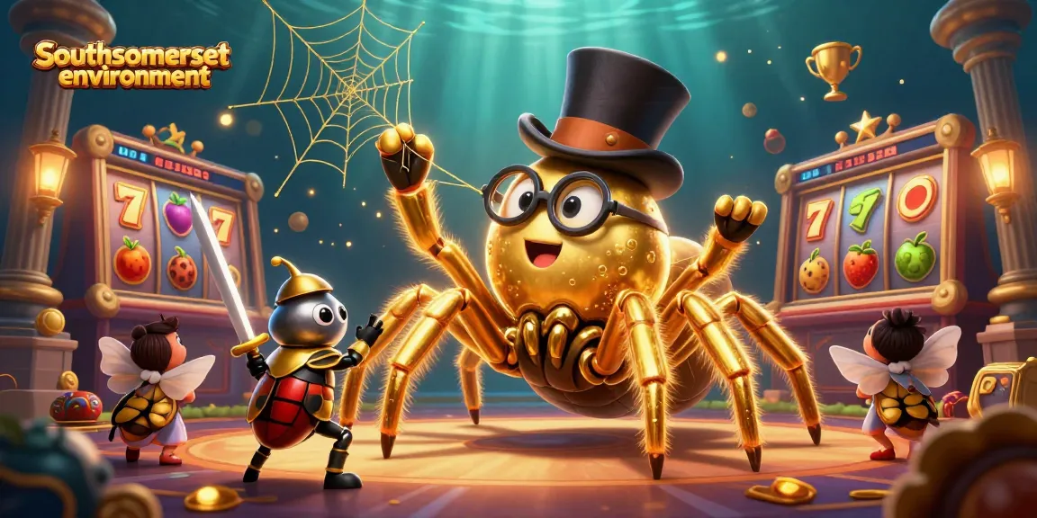 Engage with southsomersetenvironment's vibrant casino world, featuring a golden tarantula and beetle knight in a thrilling slot scene.