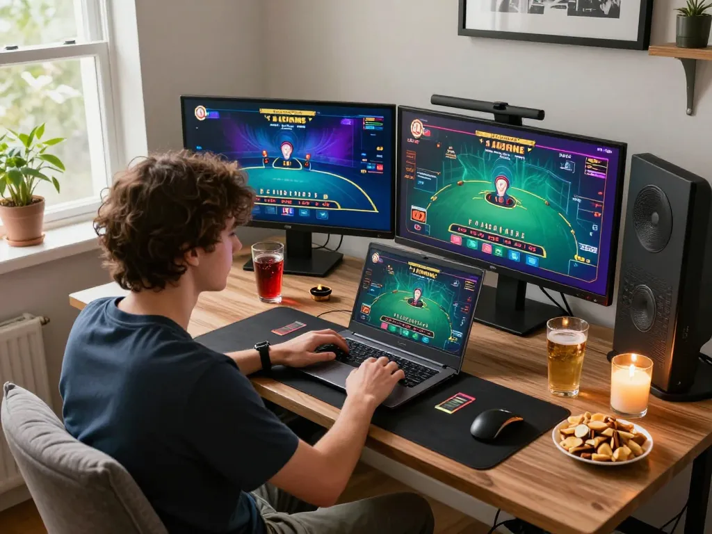Player engaging in strategic gameplay at https://s666hn.com/ on a laptop within a cozy home environment.