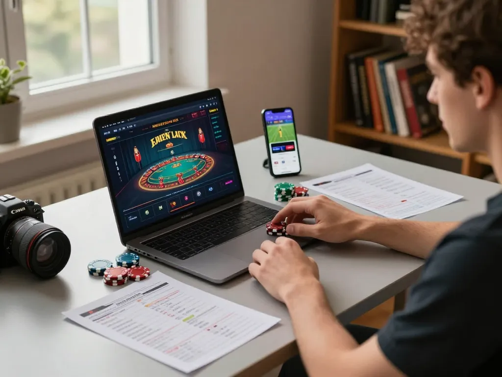 qq88z player engaged in online casino gaming at home with strategy notes and laptop