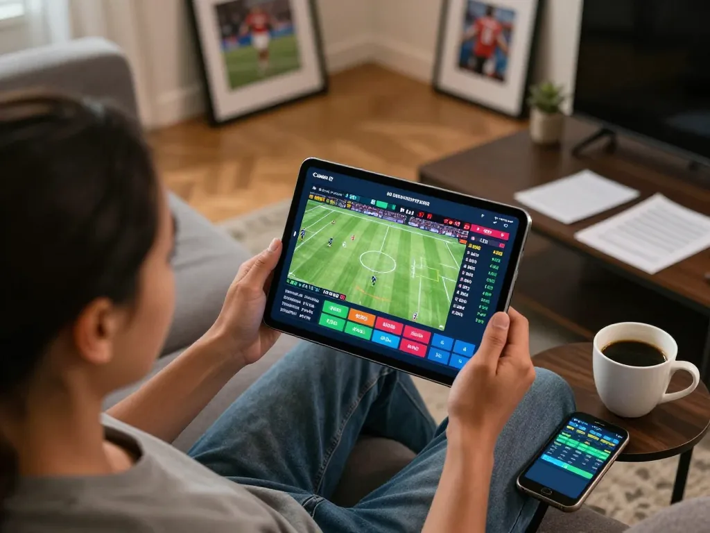 Engaging online sports betting experience featuring a user placing bets on rr88 with vibrant tablet display.