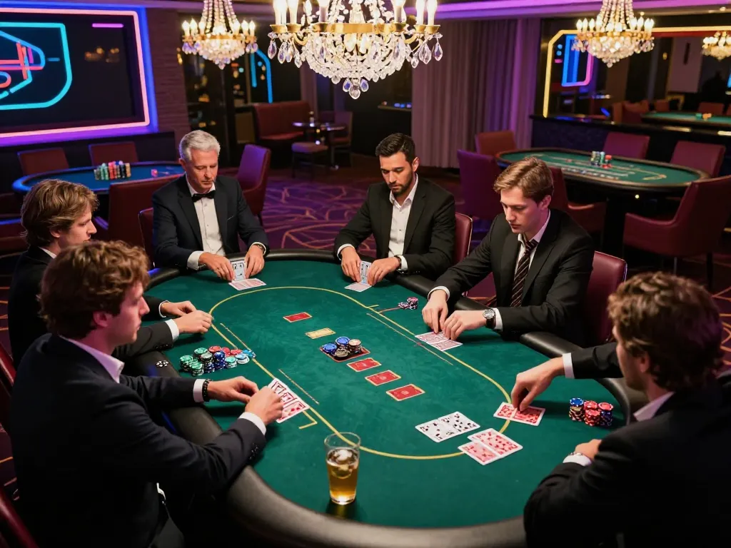 Alo8 players are engaged in a high-stakes poker game in a luxurious casino with vibrant ambiance