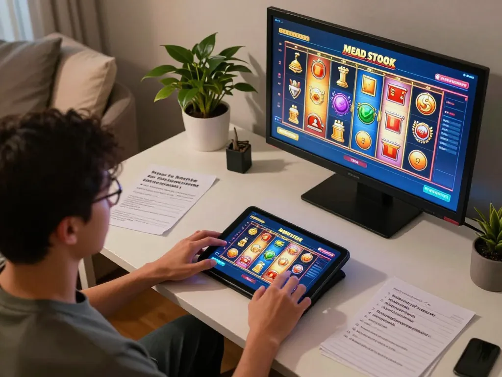 Pemain terlibat dengan permainan slot toto di tablet, menunjukkan pengalaman permainan online yang imersif