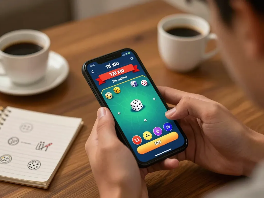 Tài xỉu online betting scene on smartphone with excited player at home